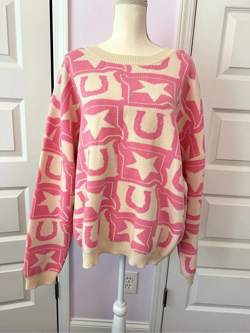 Pink Lily Brand Pink & Cream Western Print Oversized Sweater